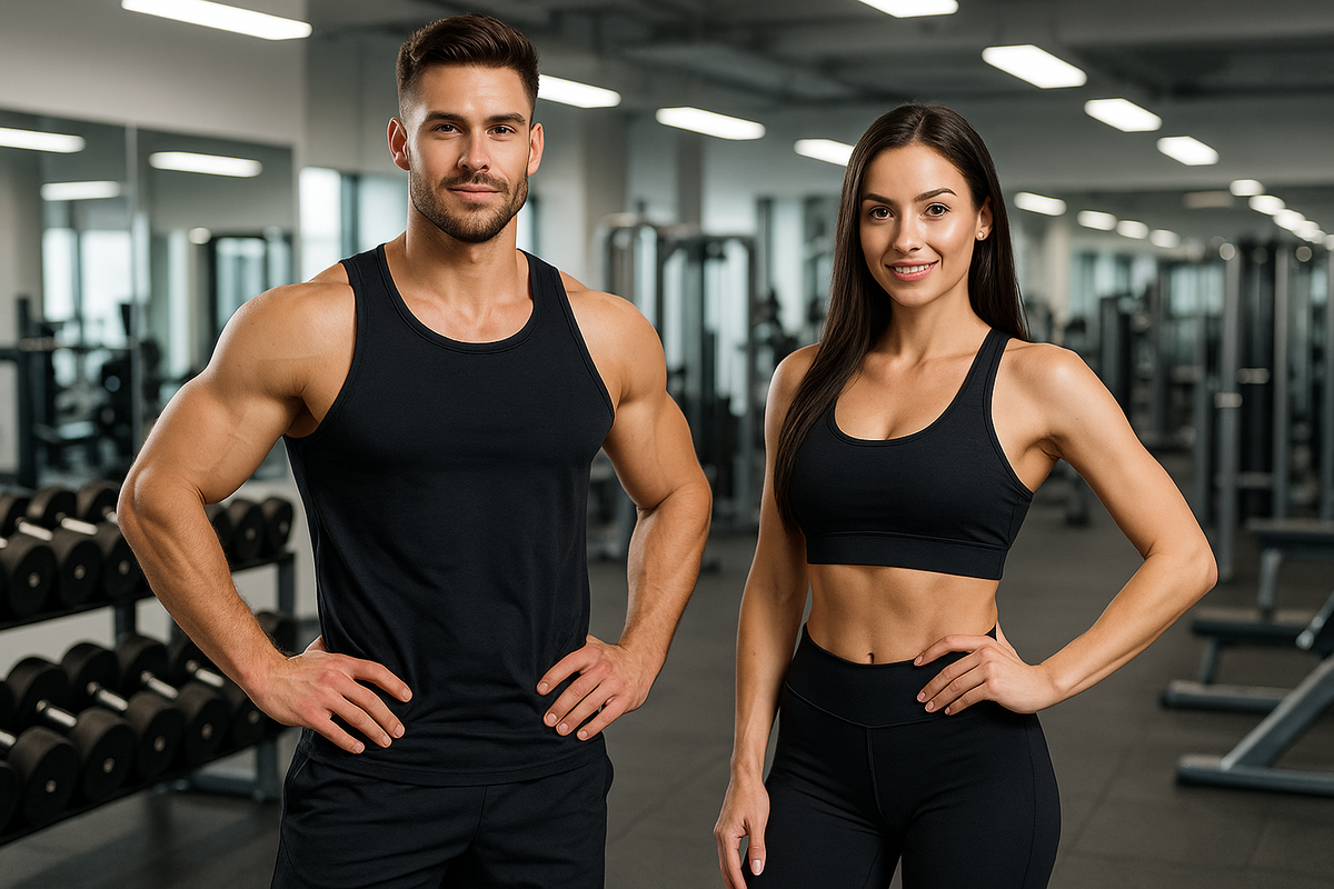 I high quality photo shwoing a handsome fitness models (man and woman) standing together with clean gym high quality background