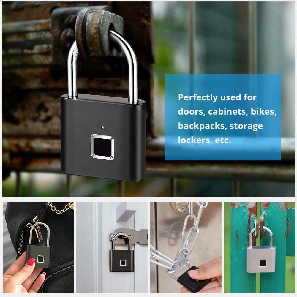 Smart Fingerprint Padlock Waterproof Zinc Alloy Biometric Padlocks with Built-In Rechargeable Battery Door Lock
